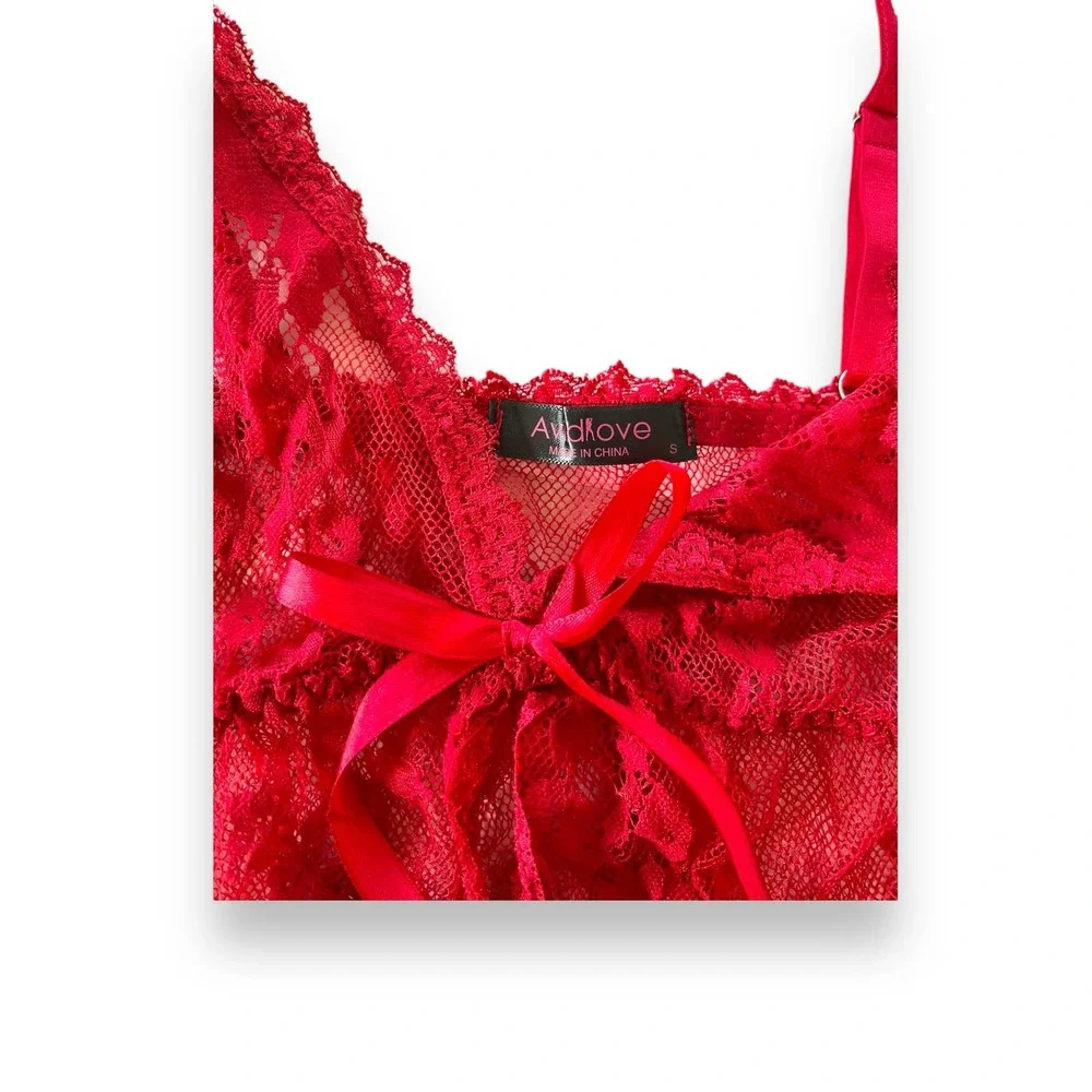 AvidLove Lace Sheer Open Front Babydoll Sexy Negligee Lingerie | Red, Small - Picture 4 of 9